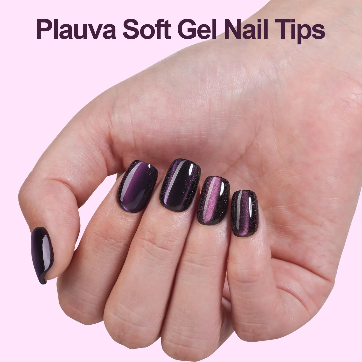 150Pcs Cat Eye Press on Nails Short Square, Plauva Soft Gel Fake Nails, Glossy Glitter Cat Eye Nail Tips for Women and Girls Stick On Nails in 15 Sizes