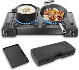 2-in-1 Outdoor Camp Stove, Portable Cooktop with Grill Tray & Storage Case for Camping, BBQs, Tailgating, 3924 BTUs of Power