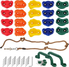 20Pcs Rock Wall Climbing Holds for Kids with 2 Handles and Knotted Rope, Indoor and Outdoor Rock Wall Kit, Multi-Colored Climbing Rock Wall Grips for Playground Play Set