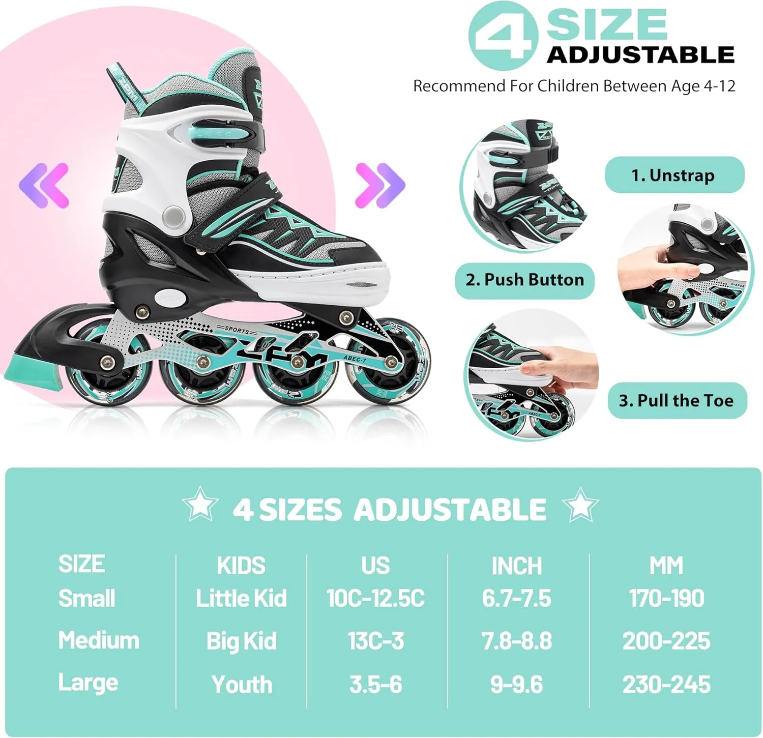 2PM SPORTS Cytia Pink Girls Adjustable Illuminating Inline Skates with Light up Wheels, Fun Flashing Beginner Roller Skates for Kids