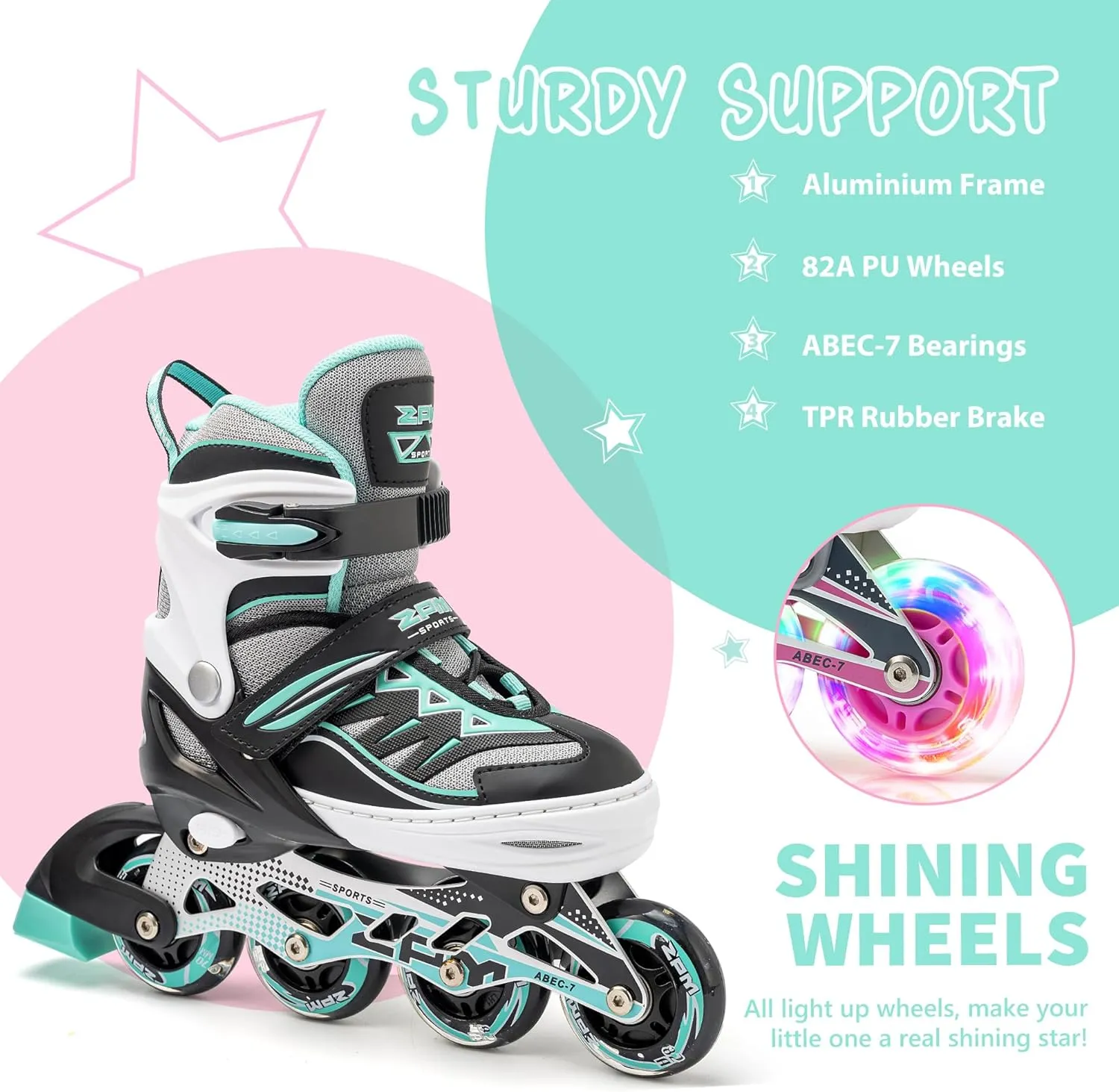 2PM SPORTS Cytia Pink Girls Adjustable Illuminating Inline Skates with Light up Wheels, Fun Flashing Beginner Roller Skates for Kids