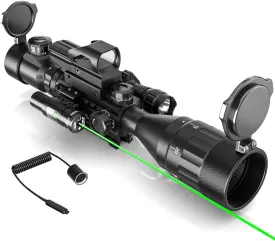 4-16x50 AO Rifle Scope Combo Red/Green Dual Illuminated Optics with Tail Switch Green Laser Sight Reflex 4 Holographic Reticle Red/Green Dot Sight for Rail Mount 5 Modes Flashlight