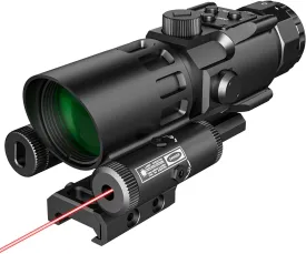 4X32 Prism Rifle Scope Optics Lightweight with Green/Red Laser 7 Level Red Illuminated Reticle Clear Green Lens Reticle 4X Magnification for 20mm Rail Mounts