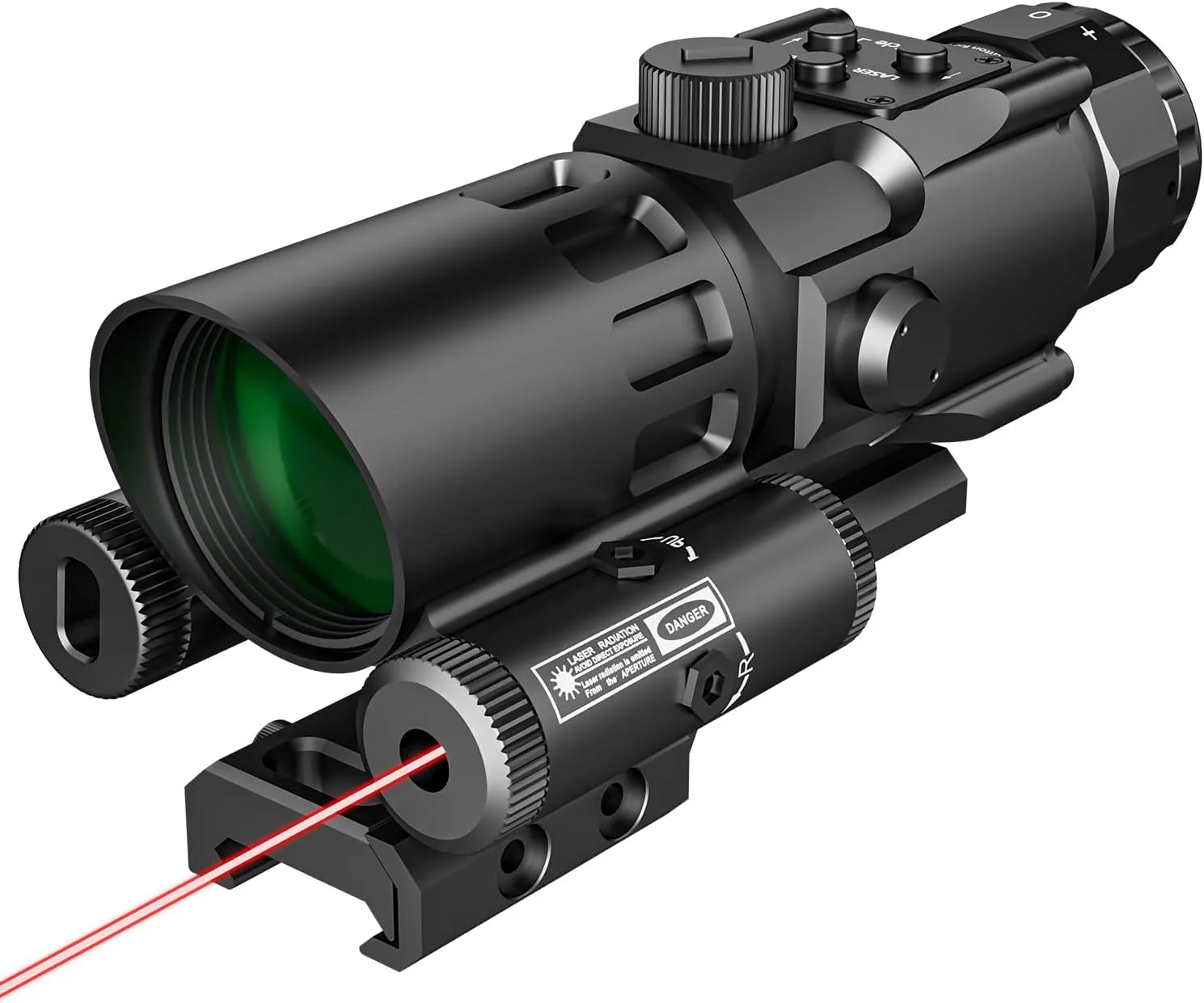 4X32 Prism Rifle Scope Optics Lightweight with Green/Red Laser 7 Level Red Illuminated Reticle Clear Green Lens Reticle 4X Magnification for 20mm Rail Mounts