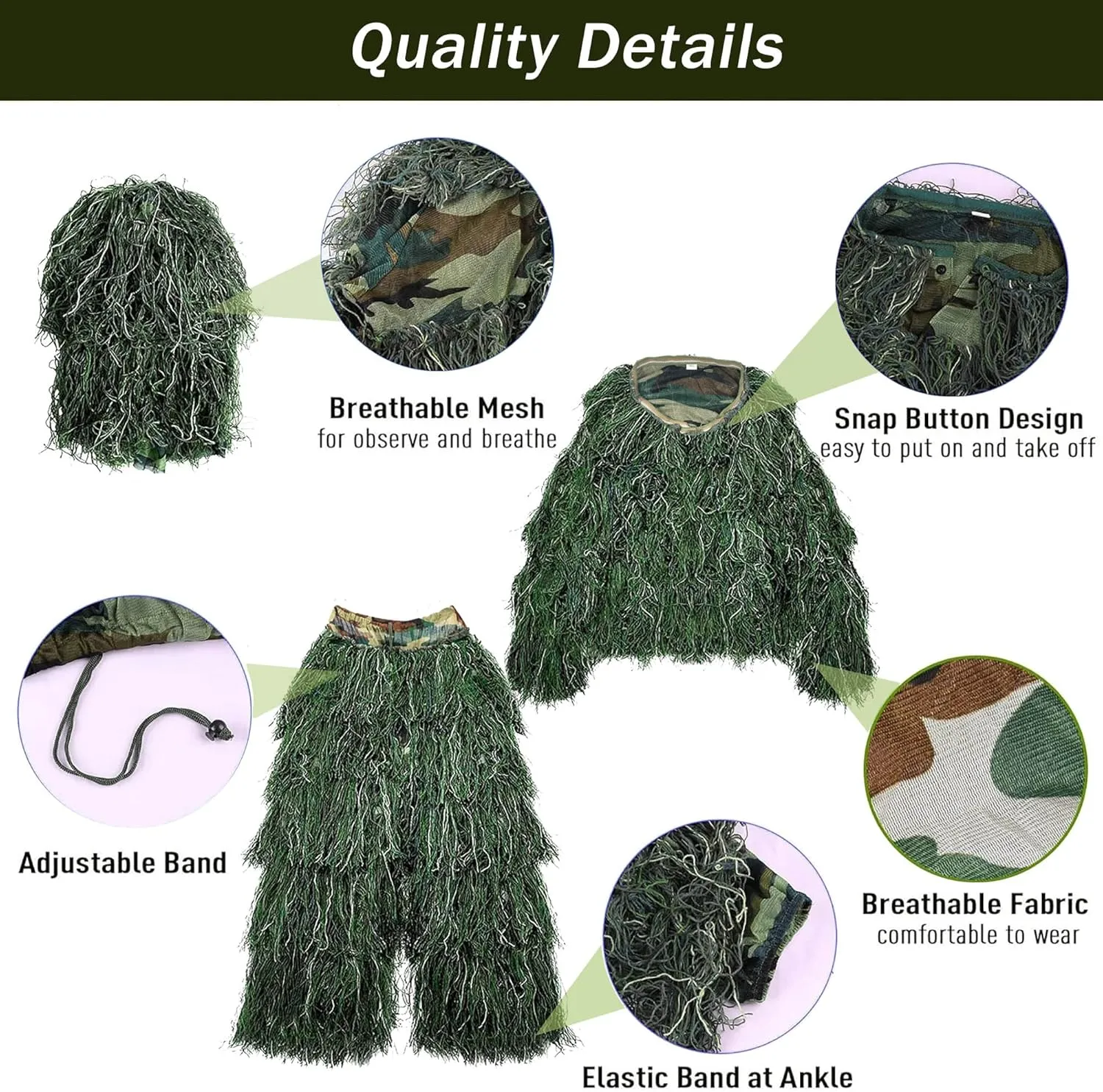 5 in 1 Ghillie Suit,3D Camouflage Hunting Apparel Including Jacket,Pants,Hood,Carry Bag Suitable for Unisex Kids Adults Youth Men