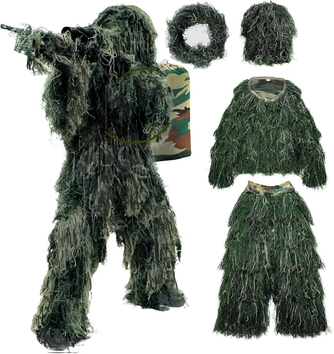 5 in 1 Ghillie Suit,3D Camouflage Hunting Apparel Including Jacket,Pants,Hood,Carry Bag Suitable for Unisex Kids Adults Youth Men