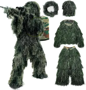 5 in 1 Ghillie Suit,3D Camouflage Hunting Apparel Including Jacket,Pants,Hood,Carry Bag Suitable for Unisex Kids Adults Youth Men