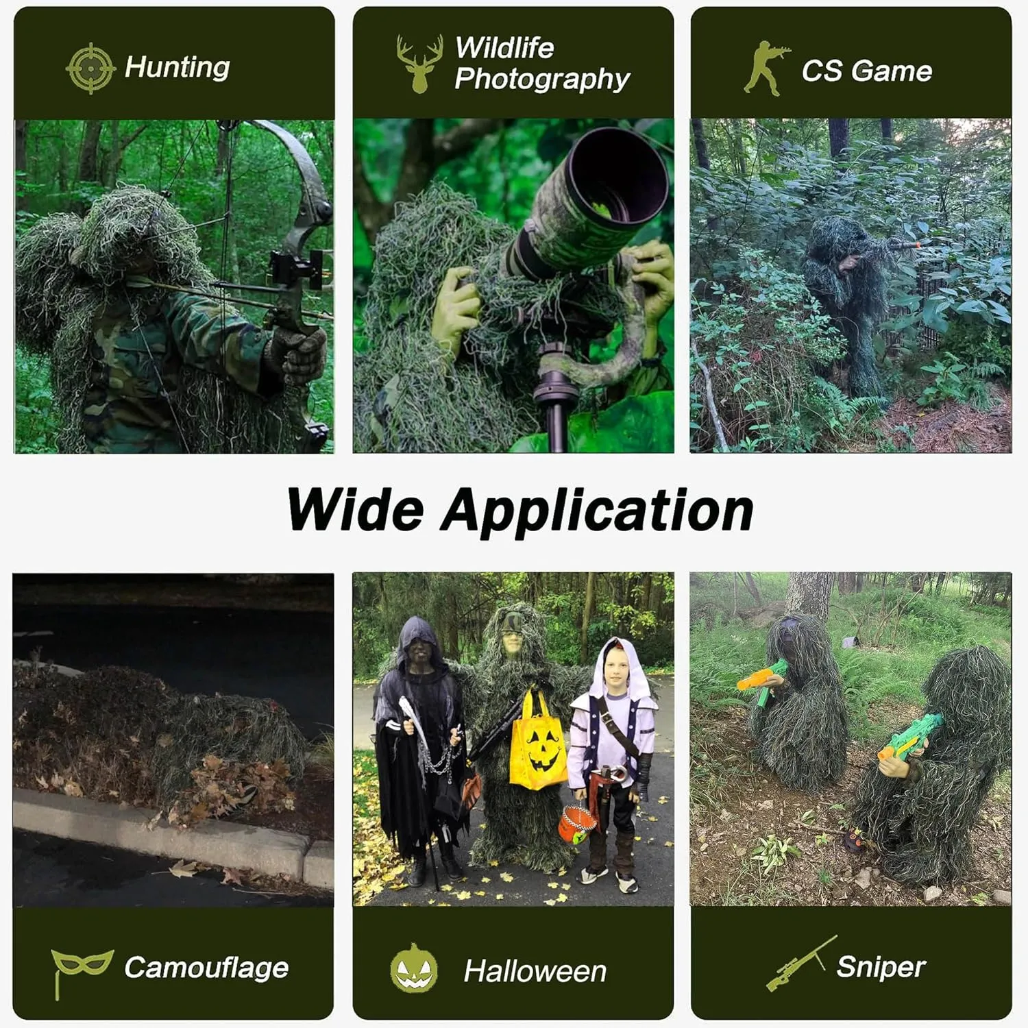 5 in 1 Ghillie Suit,3D Camouflage Hunting Apparel Including Jacket,Pants,Hood,Carry Bag Suitable for Unisex Kids Adults Youth Men