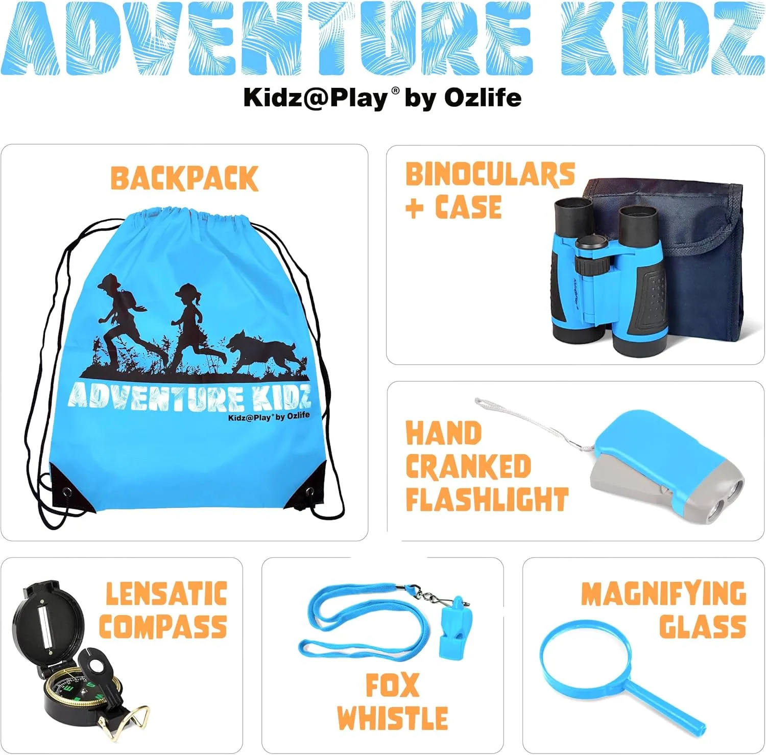 Adventure Kidz - Outdoor Exploration Kit, Childrens Toy Binoculars, Torch, Compass, Whistle, Magnifying Glass, Backpack. Great Kids Gift Set for Camping, Hiking, Educational and Pretend Play.