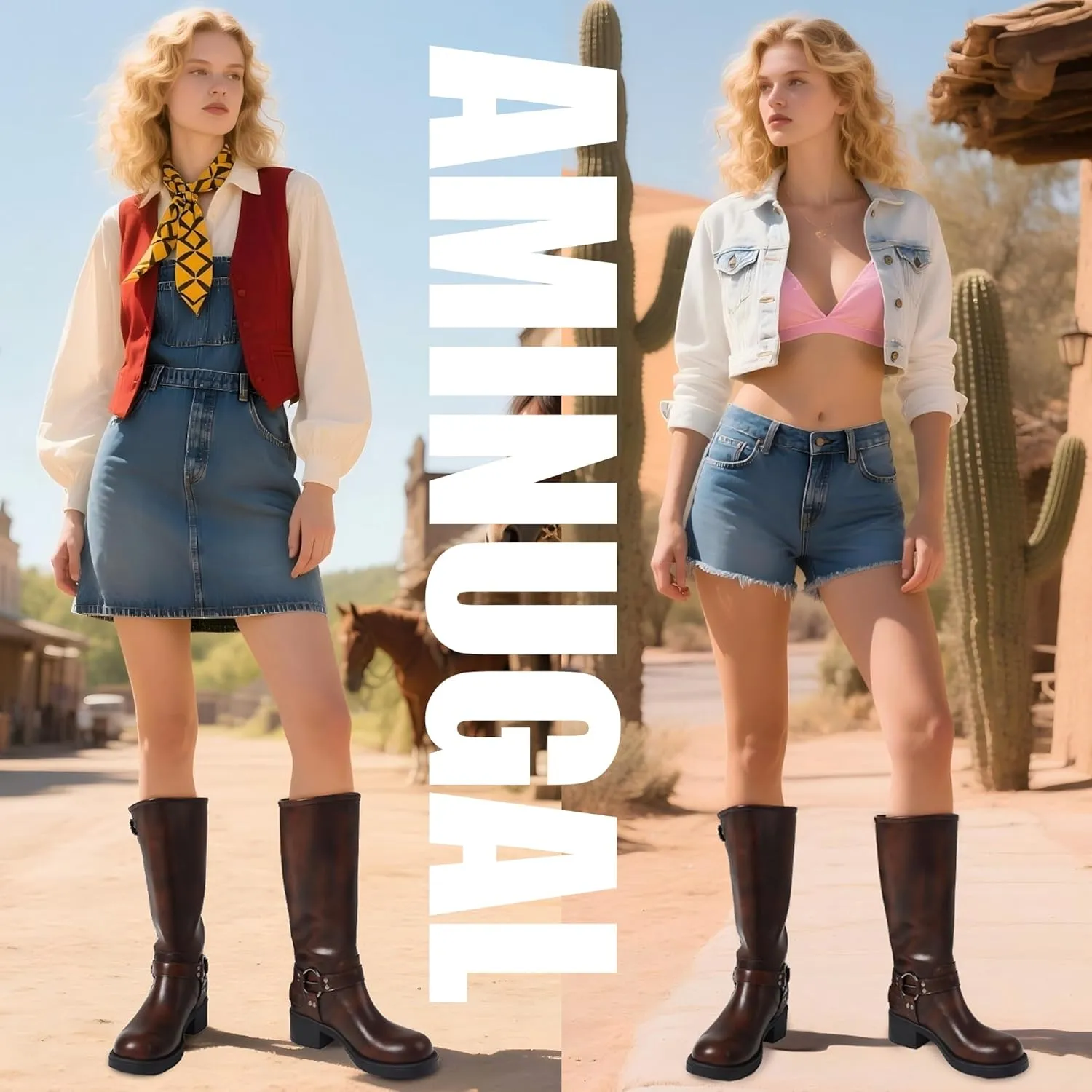 AMINUGAL Knee High Boots Women Square Toe Pull On Wide Calf Riding Fashion Buckles Chunky Metallic Casual Vintage Buckle Rivet