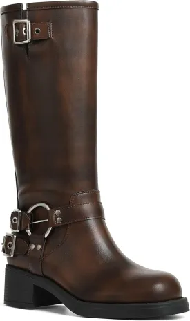 AMINUGAL Knee High Boots Women Square Toe Pull On Wide Calf Riding Fashion Buckles Chunky Metallic Casual Vintage Buckle Rivet