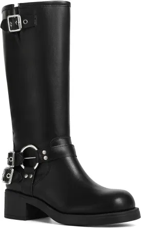 AMINUGAL Knee High Boots Women Square Toe Pull On Wide Calf Riding Fashion Buckles Chunky Metallic Casual Vintage Buckle Rivet