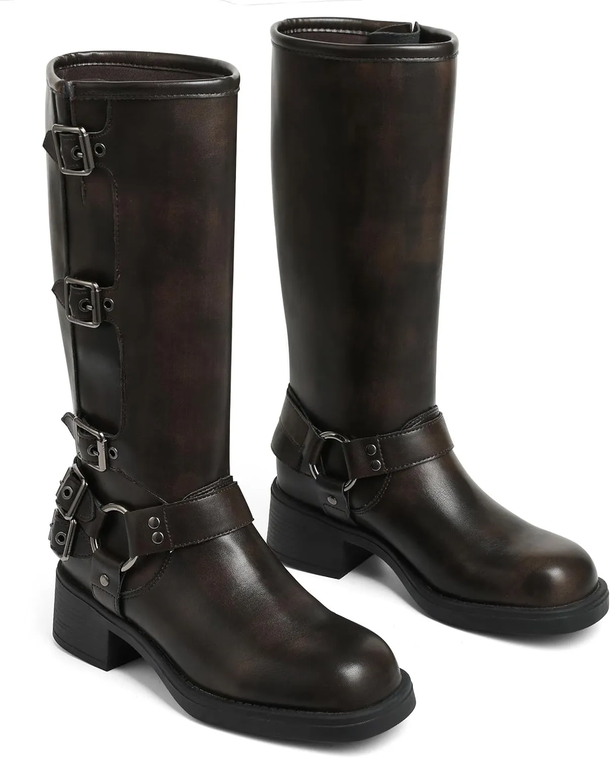 AMINUGAL Knee High Boots Women Square Toe Pull On Wide Calf Riding Fashion Buckles Chunky Metallic Casual Vintage Buckle Rivet