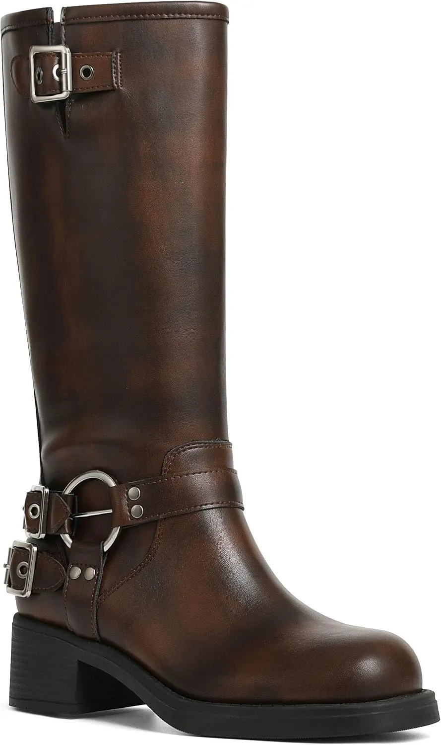 AMINUGAL Knee High Boots Women Square Toe Pull On Wide Calf Riding Fashion Buckles Chunky Metallic Casual Vintage Buckle Rivet