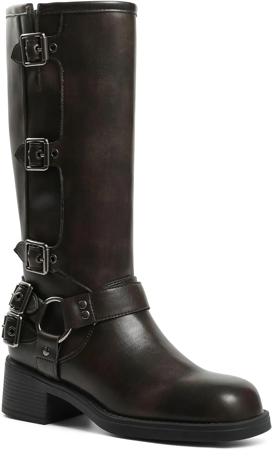 AMINUGAL Knee High Boots Women Square Toe Pull On Wide Calf Riding Fashion Buckles Chunky Metallic Casual Vintage Buckle Rivet