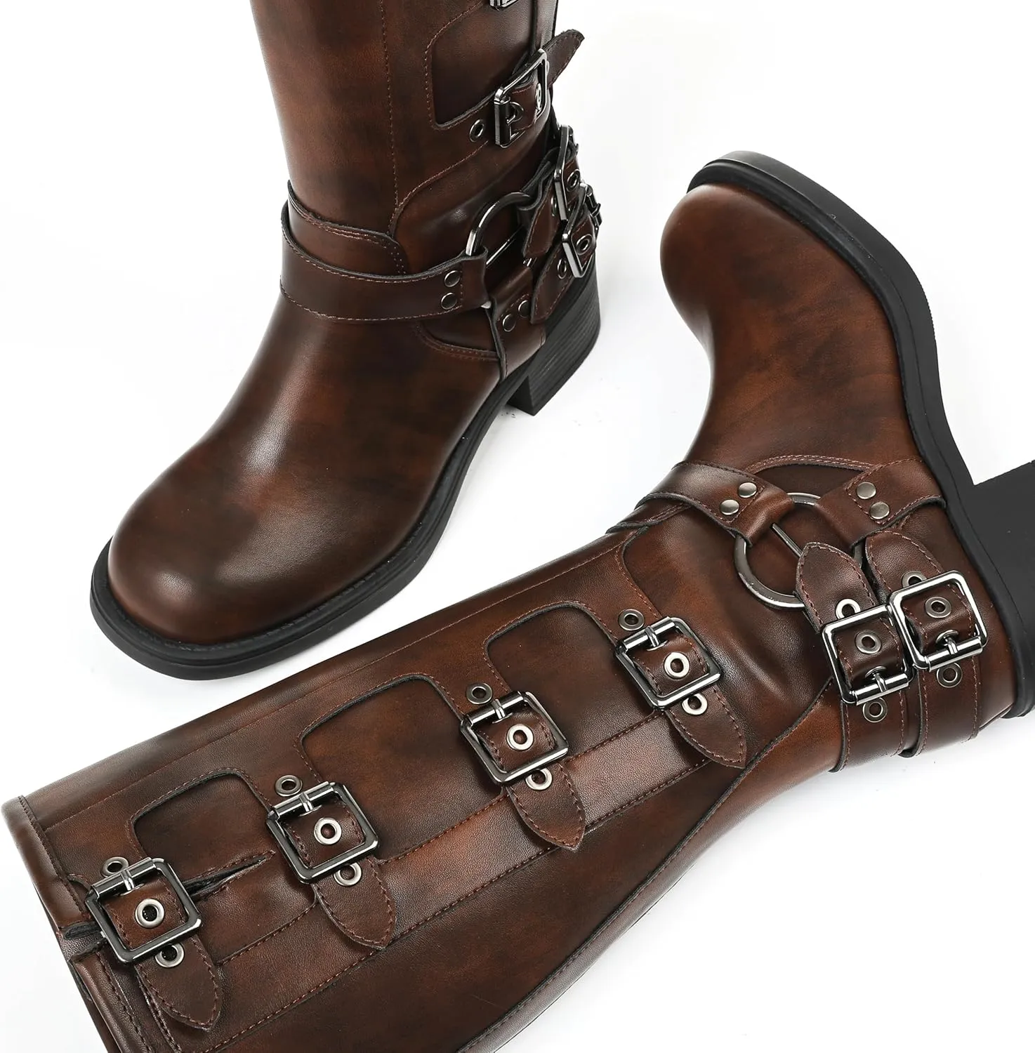 AMINUGAL Knee High Boots Women Square Toe Pull On Wide Calf Riding Fashion Buckles Chunky Metallic Casual Vintage Buckle Rivet