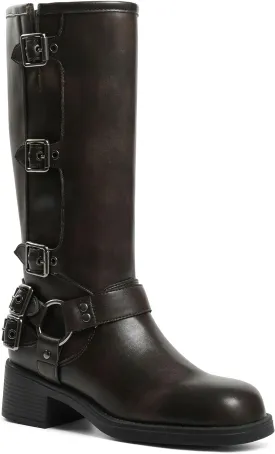 AMINUGAL Knee High Boots Women Square Toe Pull On Wide Calf Riding Fashion Buckles Chunky Metallic Casual Vintage Buckle Rivet