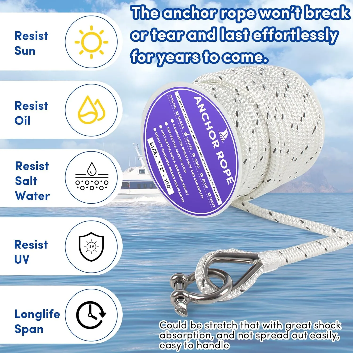 Anchor Rope 100 ft x 1/2 inch White, Double Braided Anchor Line with Stainless Steel Thimble & Shackle, Boat Rope with Reflective Strip Ideal for Towing,Mooring,Anchoring,for Boats Up to 35'