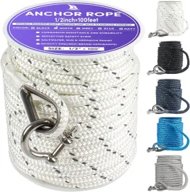 Anchor Rope 100 ft x 1/2 inch White, Double Braided Anchor Line with Stainless Steel Thimble & Shackle, Boat Rope with Reflective Strip Ideal for Towing,Mooring,Anchoring,for Boats Up to 35'