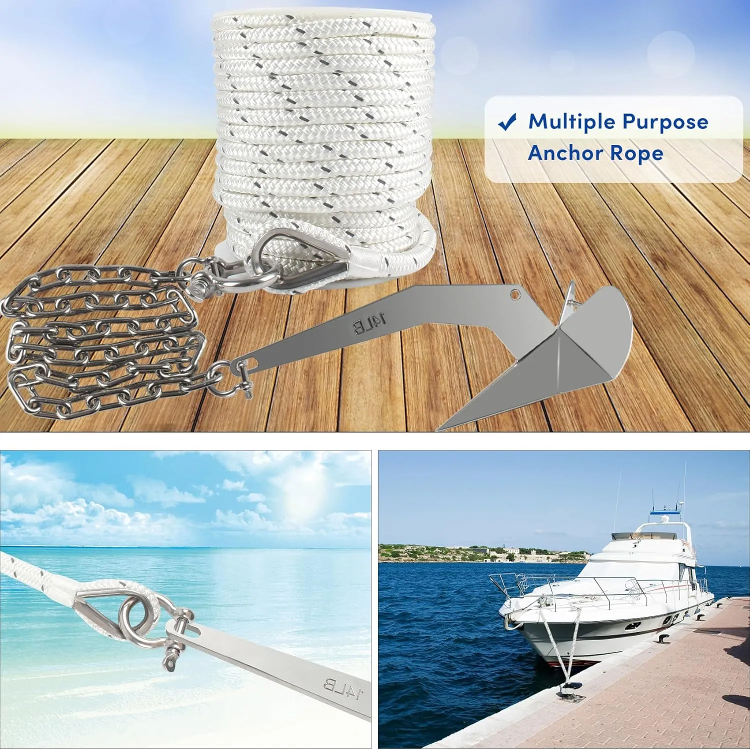 Anchor Rope 100 ft x 1/2 inch White, Double Braided Anchor Line with Stainless Steel Thimble & Shackle, Boat Rope with Reflective Strip Ideal for Towing,Mooring,Anchoring,for Boats Up to 35'