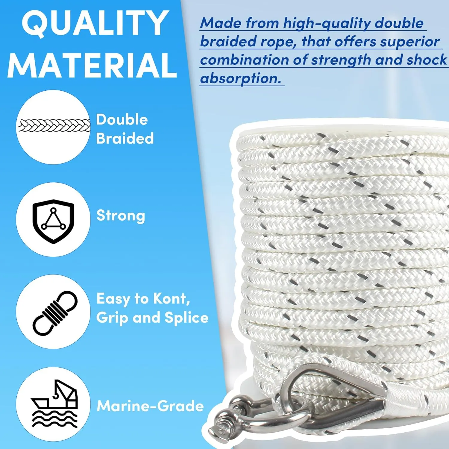 Anchor Rope 100 ft x 1/2 inch White, Double Braided Anchor Line with Stainless Steel Thimble & Shackle, Boat Rope with Reflective Strip Ideal for Towing,Mooring,Anchoring,for Boats Up to 35'