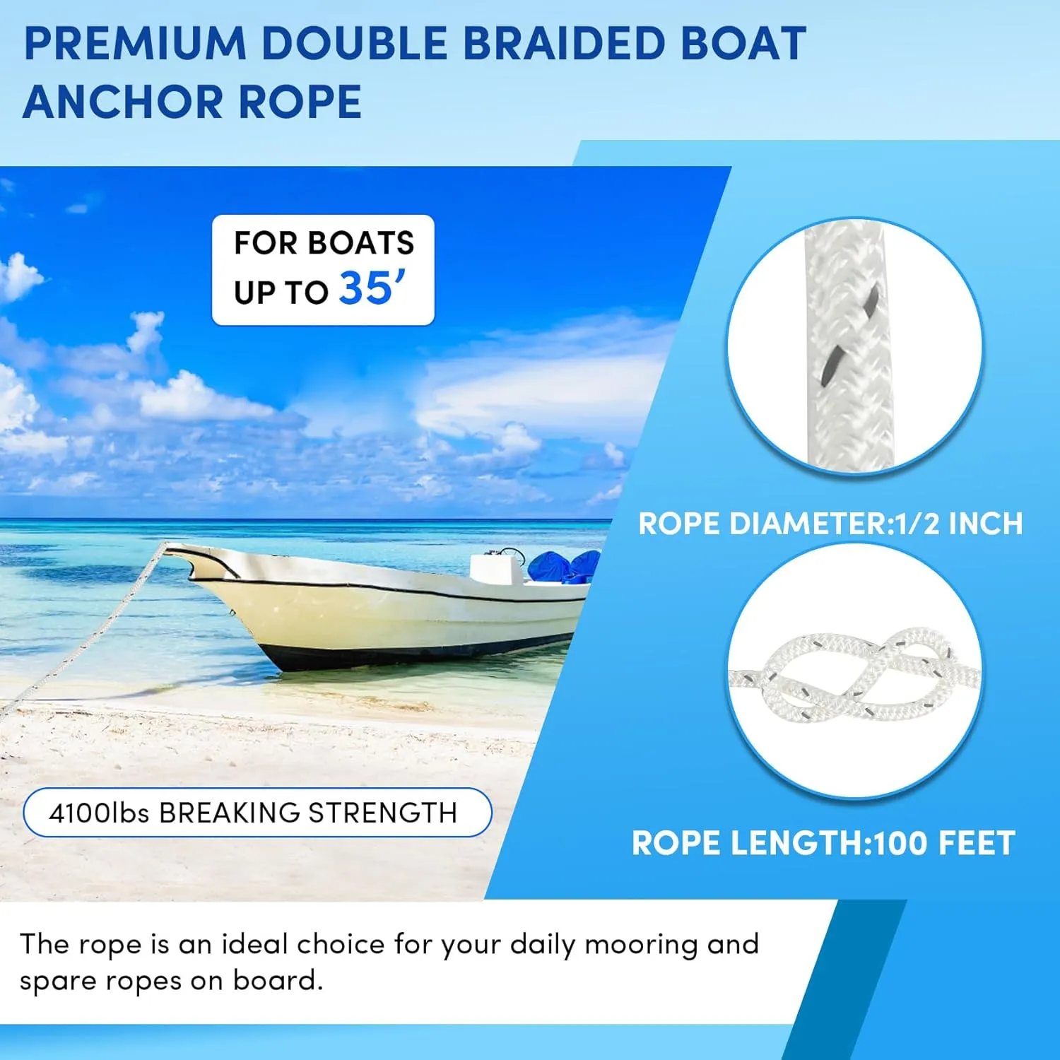Anchor Rope 100 ft x 1/2 inch White, Double Braided Anchor Line with Stainless Steel Thimble & Shackle, Boat Rope with Reflective Strip Ideal for Towing,Mooring,Anchoring,for Boats Up to 35'