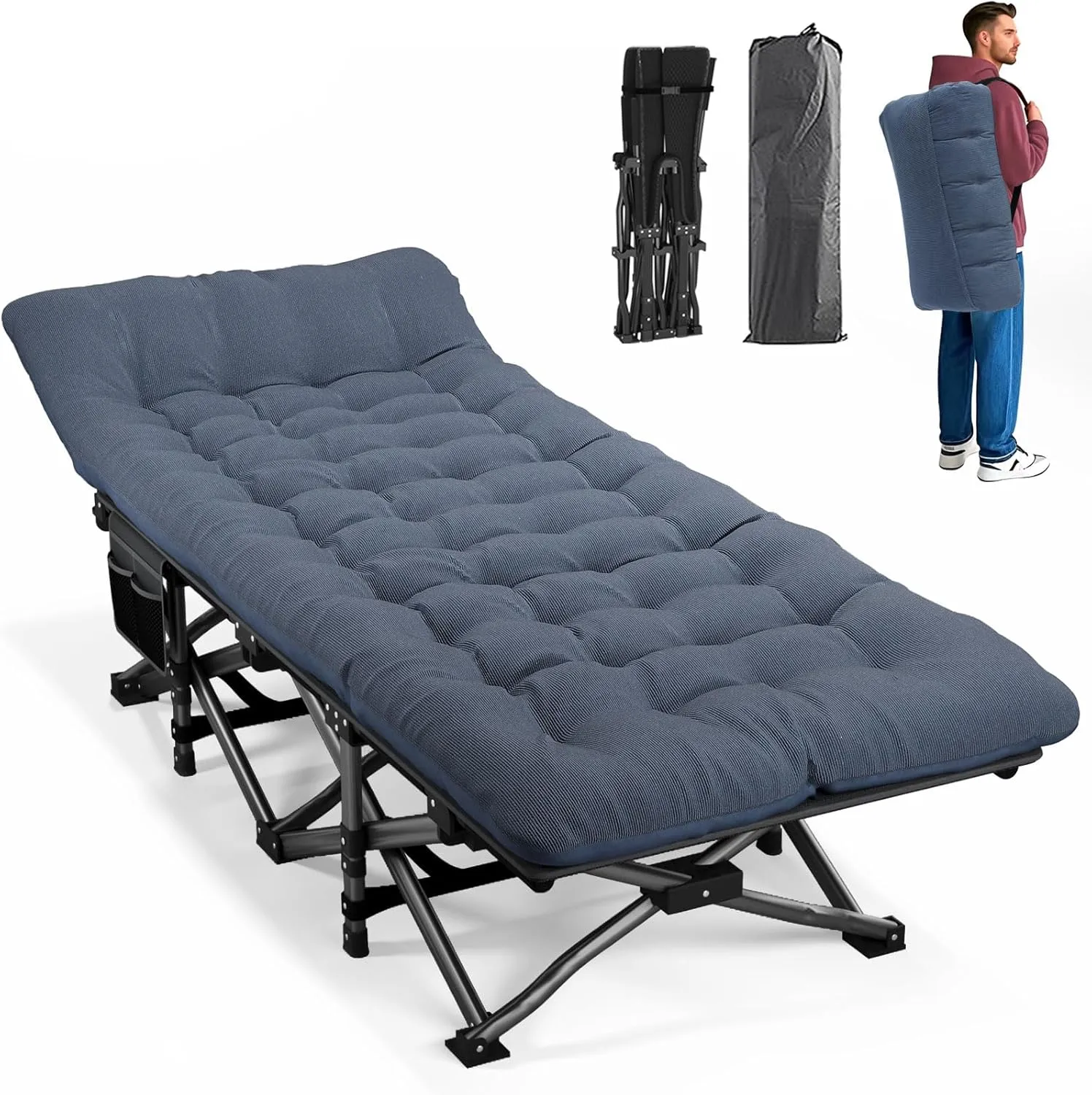 ATORPOK Camping Cot for Adults with Cushion Comfortable,Portable Folding Bed for Sleeping Supports 450 lbs (Blue)
