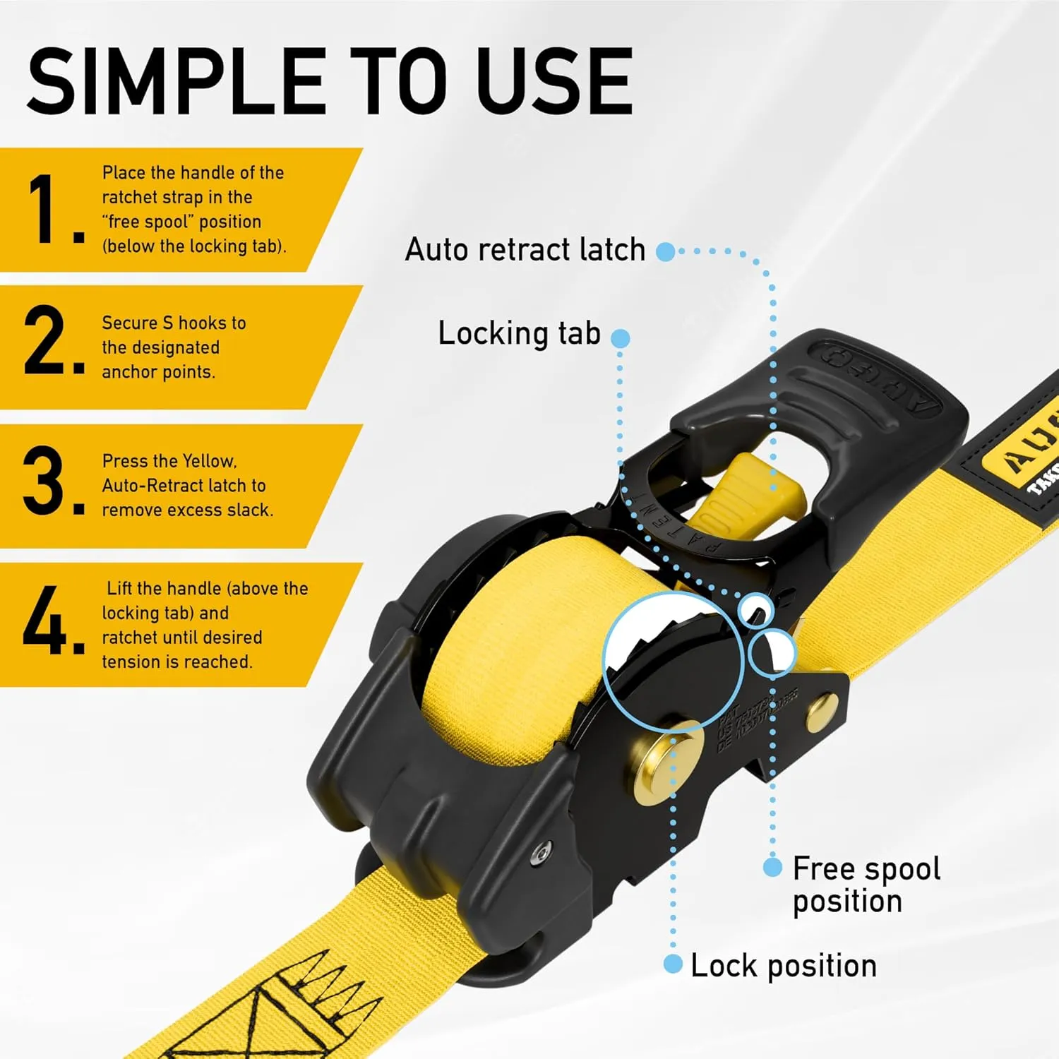 AUGO Retractable Ratchet Straps  1" x 10'  1200Lb Breakstrength  4 Heavy Duty Self Retracting Tie Downs with Safety Lock S Hooks, Soft Loops & Storage Bag  for Motorcycle,Tree Stand,Bed,Boat,Cargo