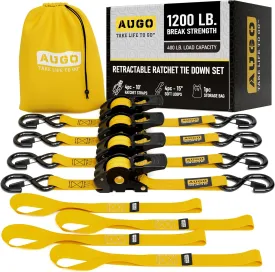AUGO Retractable Ratchet Straps  1" x 10'  1200Lb Breakstrength  4 Heavy Duty Self Retracting Tie Downs with Safety Lock S Hooks, Soft Loops & Storage Bag  for Motorcycle,Tree Stand,Bed,Boat,Cargo
