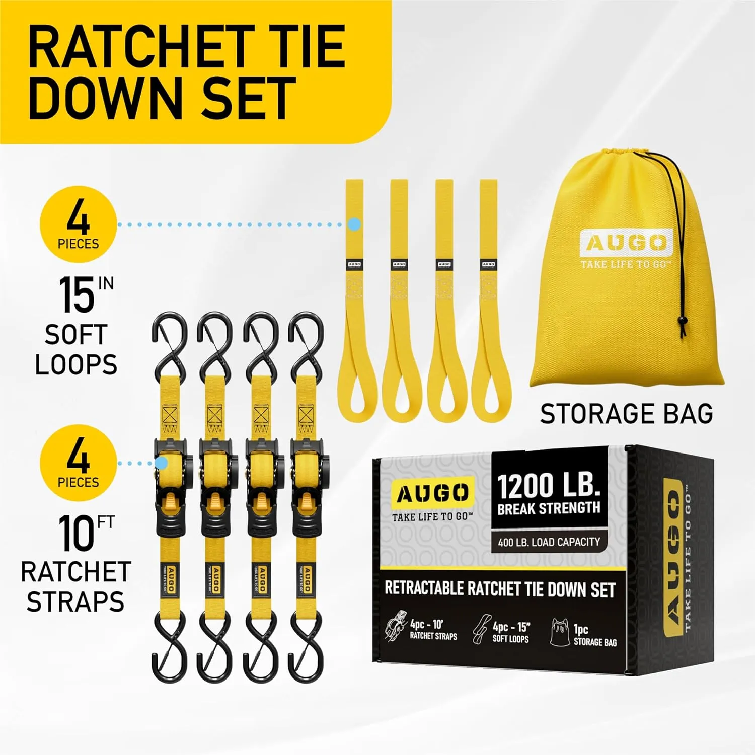 AUGO Retractable Ratchet Straps  1" x 10'  1200Lb Breakstrength  4 Heavy Duty Self Retracting Tie Downs with Safety Lock S Hooks, Soft Loops & Storage Bag  for Motorcycle,Tree Stand,Bed,Boat,Cargo
