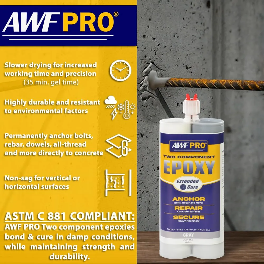 AWF PRO Two Component Extended Cure Epoxy Adhesive 20.2 oz. with Dual Cartridge Caulking Gun 25:1 Thrust, High-Strength for Anchoring Threaded Rods, Reinforcing Bars in Uncracked Concrete (Pack of 1)