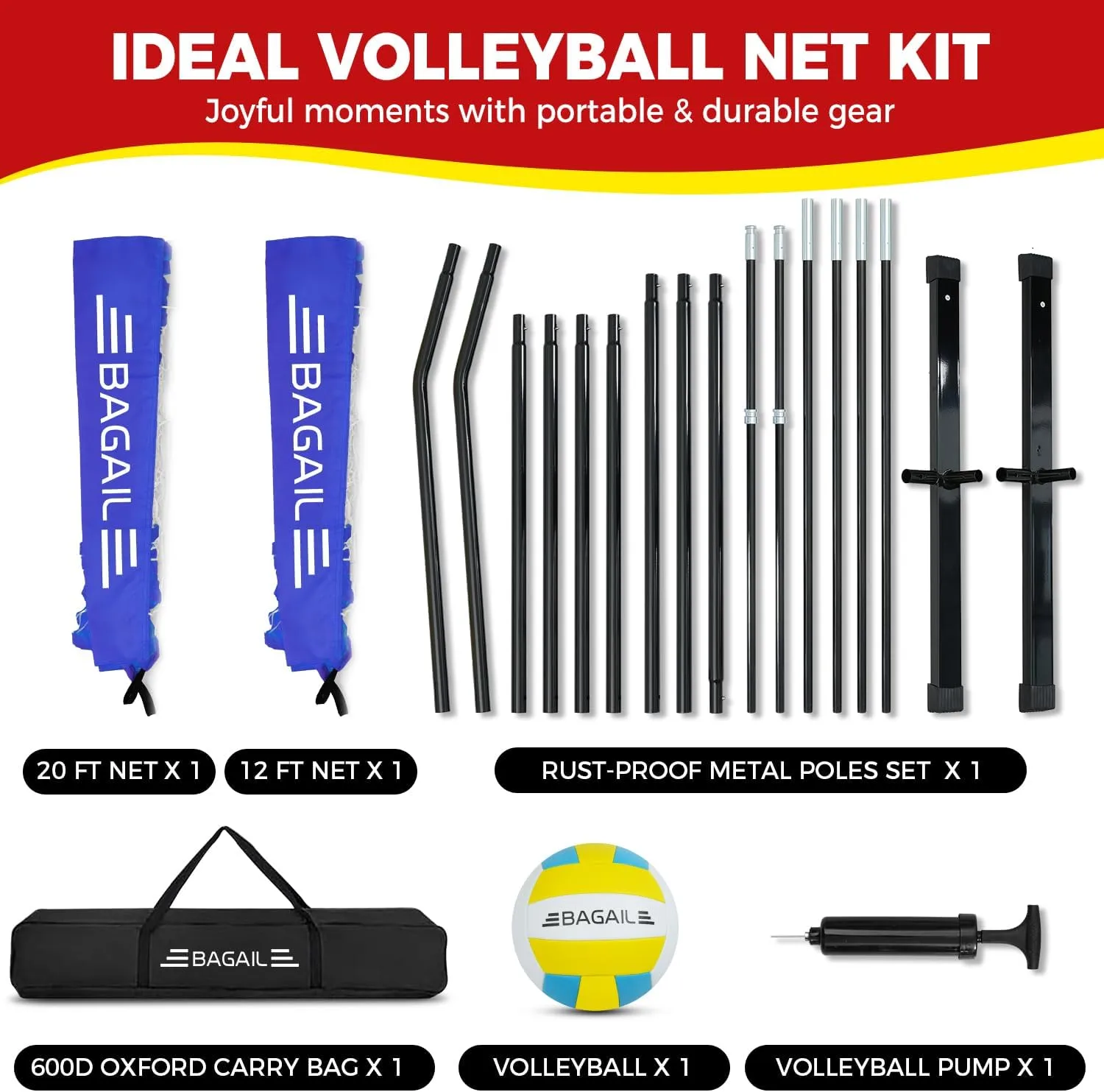 BAGAIL Volleyball Net, 12ft/20ft Portable Volleyball Net for Backyard - Adjustable Height, Heavy-Duty Frame, Freestanding Design - Portable Outdoor/Indoor Volleyball Set with Carry Bag