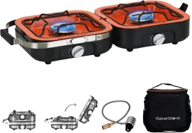 BakerStone Propane Camping Stove 2 Adjustable Burners with 20,000 BTUs, Portable Folding Camp Stove Outdoor Gas Stove Cooker with Inlet Gas Pipe, Cooking Grate, Carry Bag(Orange-2 Burner)