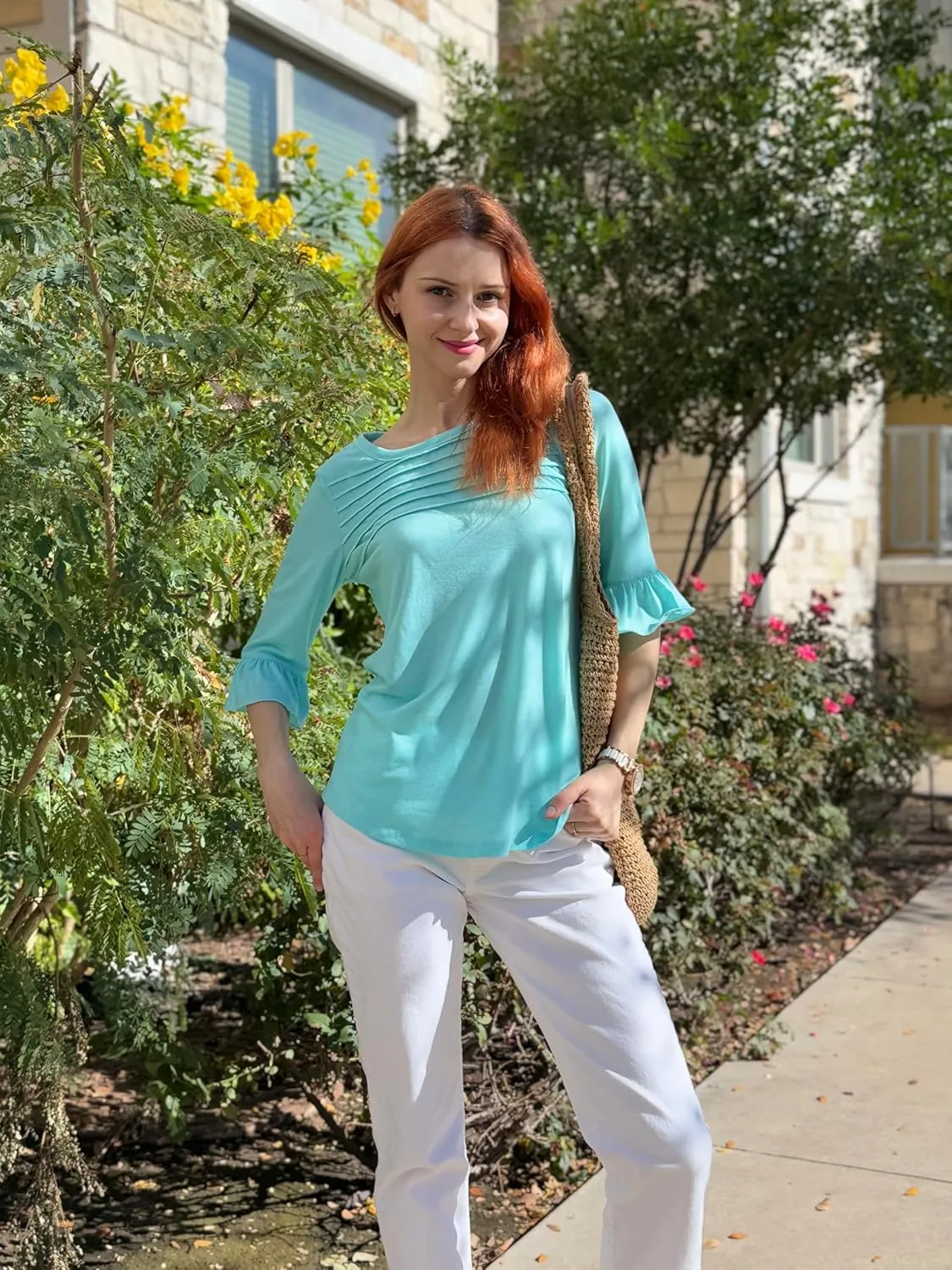 Blingfit 3/4 Length Sleeve Womens Tops Dressy Casual Shirts Ruffle Bell Sleeve Front Pleated Fasion Trendy Summer Blouses