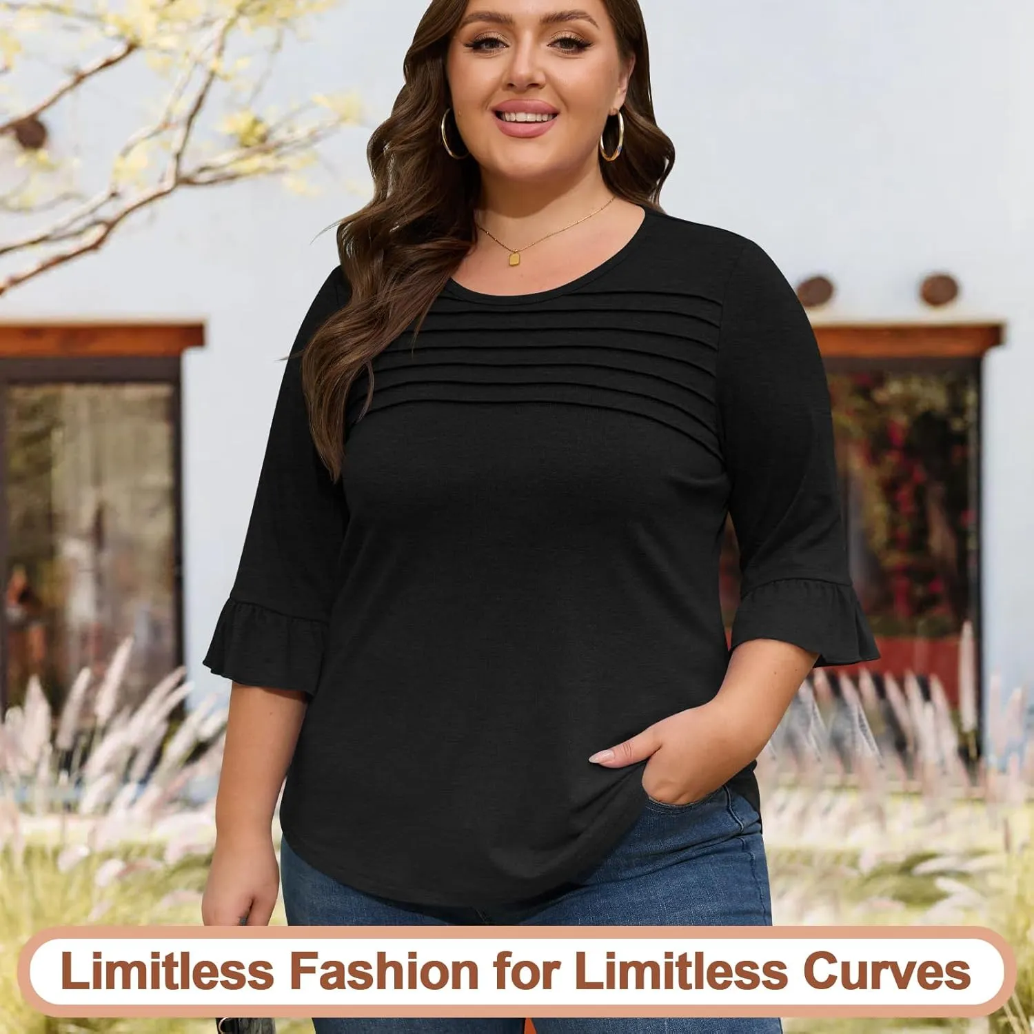 Blingfit 3/4 Length Sleeve Womens Tops Dressy Casual Shirts Ruffle Bell Sleeve Front Pleated Fasion Trendy Summer Blouses