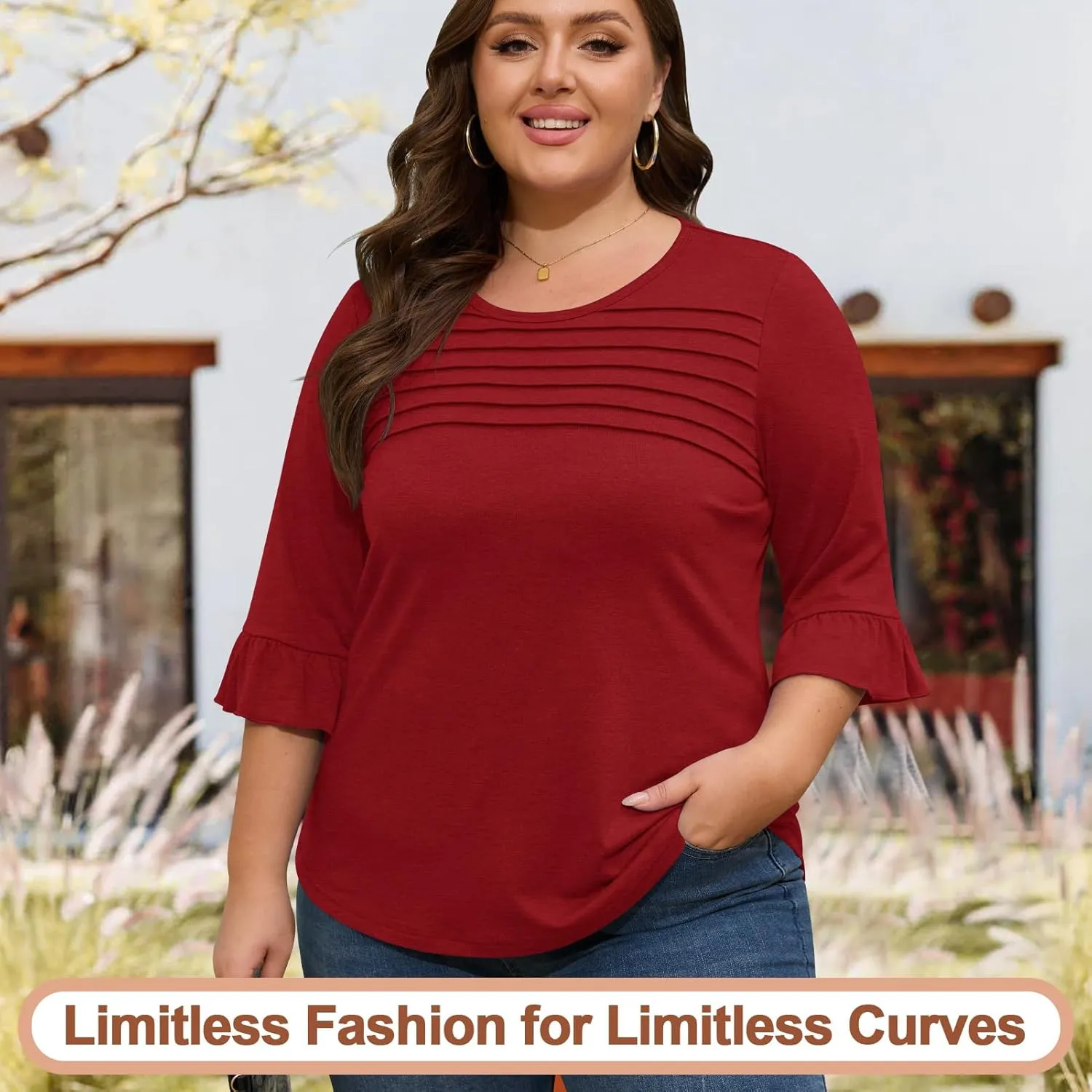 Blingfit 3/4 Length Sleeve Womens Tops Dressy Casual Shirts Ruffle Bell Sleeve Front Pleated Fasion Trendy Summer Blouses