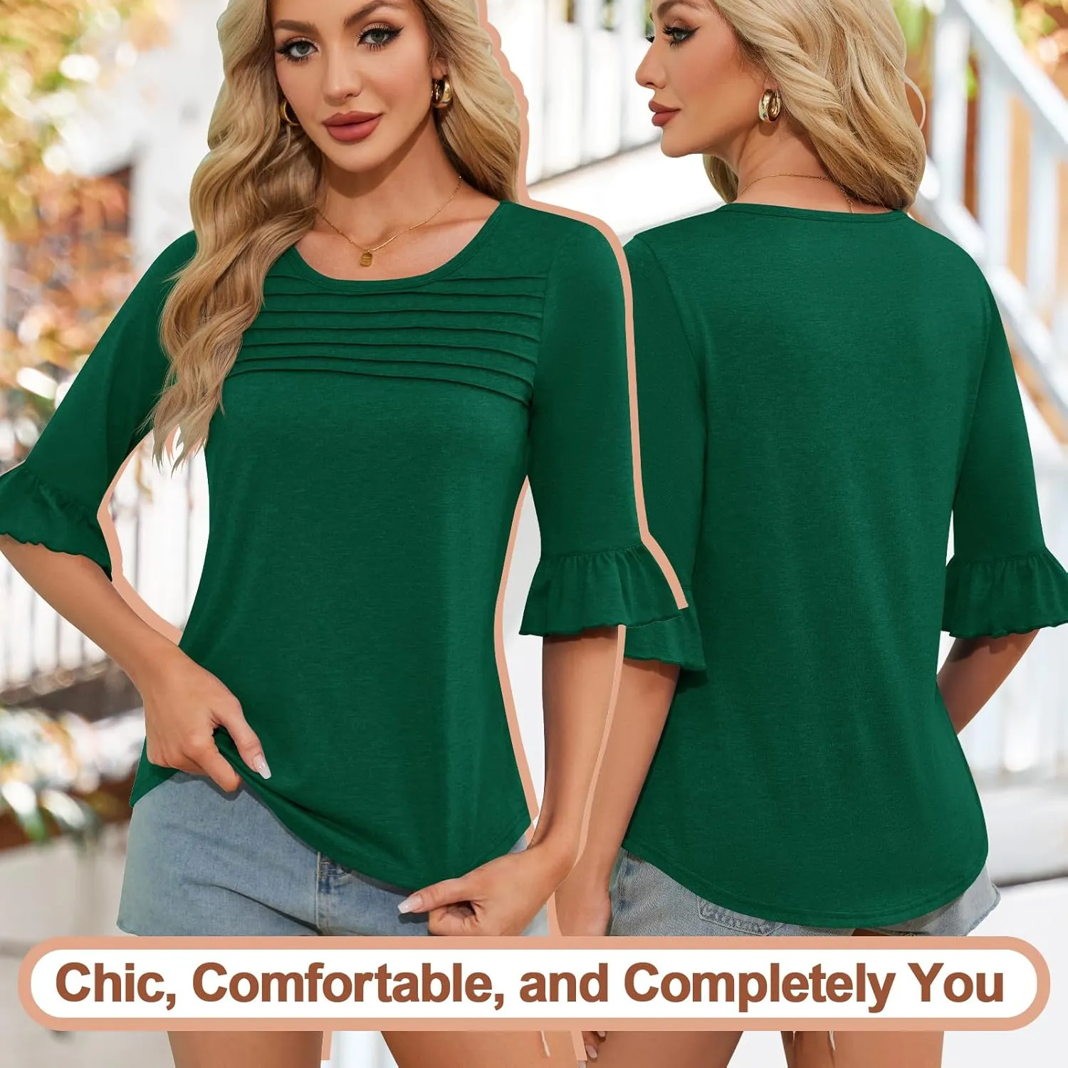 Blingfit 3/4 Length Sleeve Womens Tops Dressy Casual Shirts Ruffle Bell Sleeve Front Pleated Fasion Trendy Summer Blouses