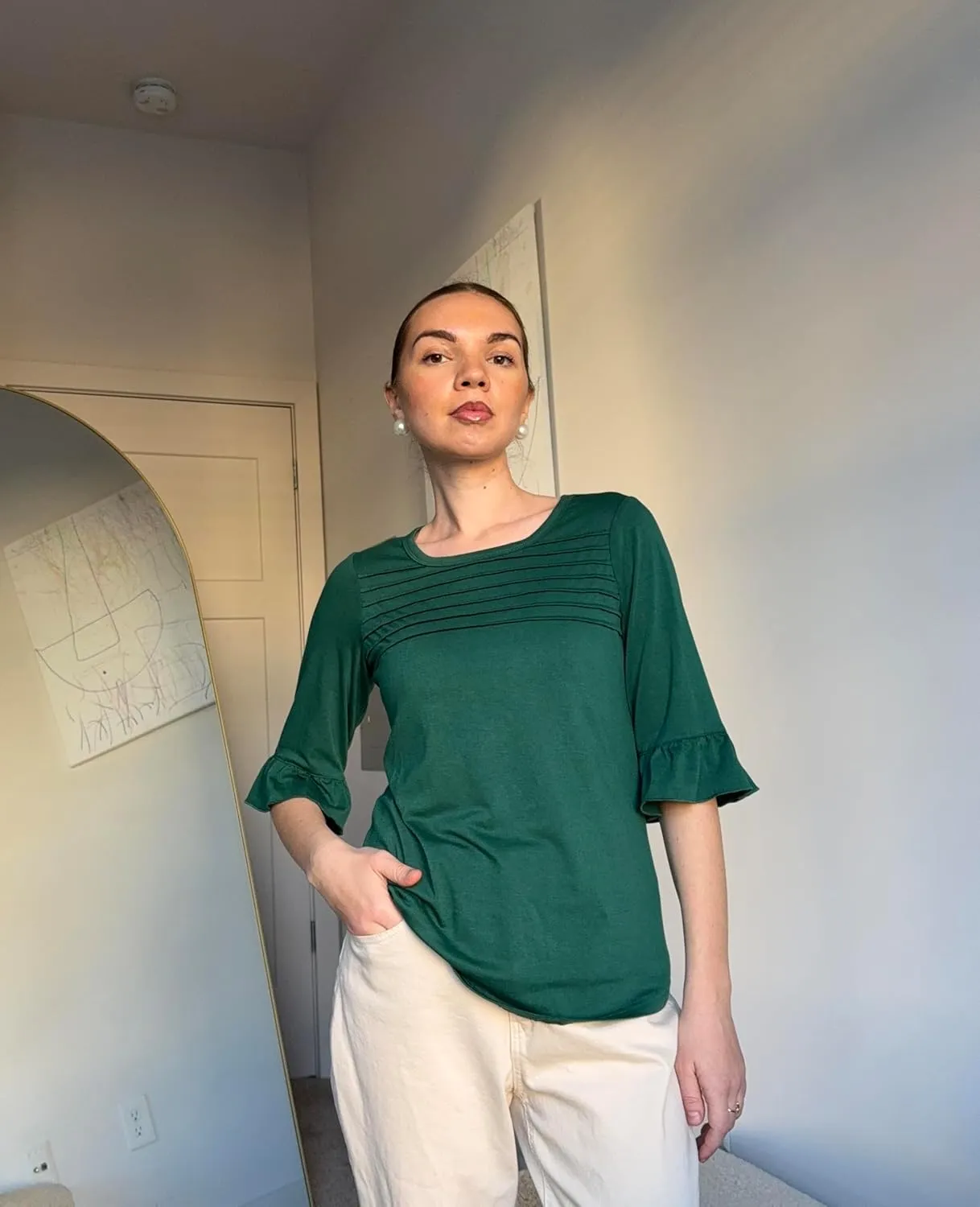 Blingfit 3/4 Length Sleeve Womens Tops Dressy Casual Shirts Ruffle Bell Sleeve Front Pleated Fasion Trendy Summer Blouses