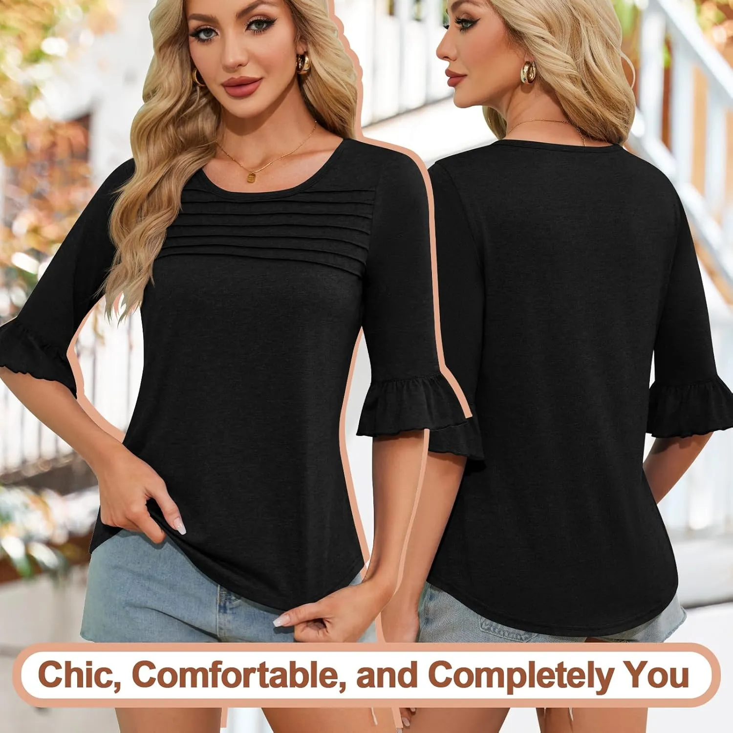 Blingfit 3/4 Length Sleeve Womens Tops Dressy Casual Shirts Ruffle Bell Sleeve Front Pleated Fasion Trendy Summer Blouses