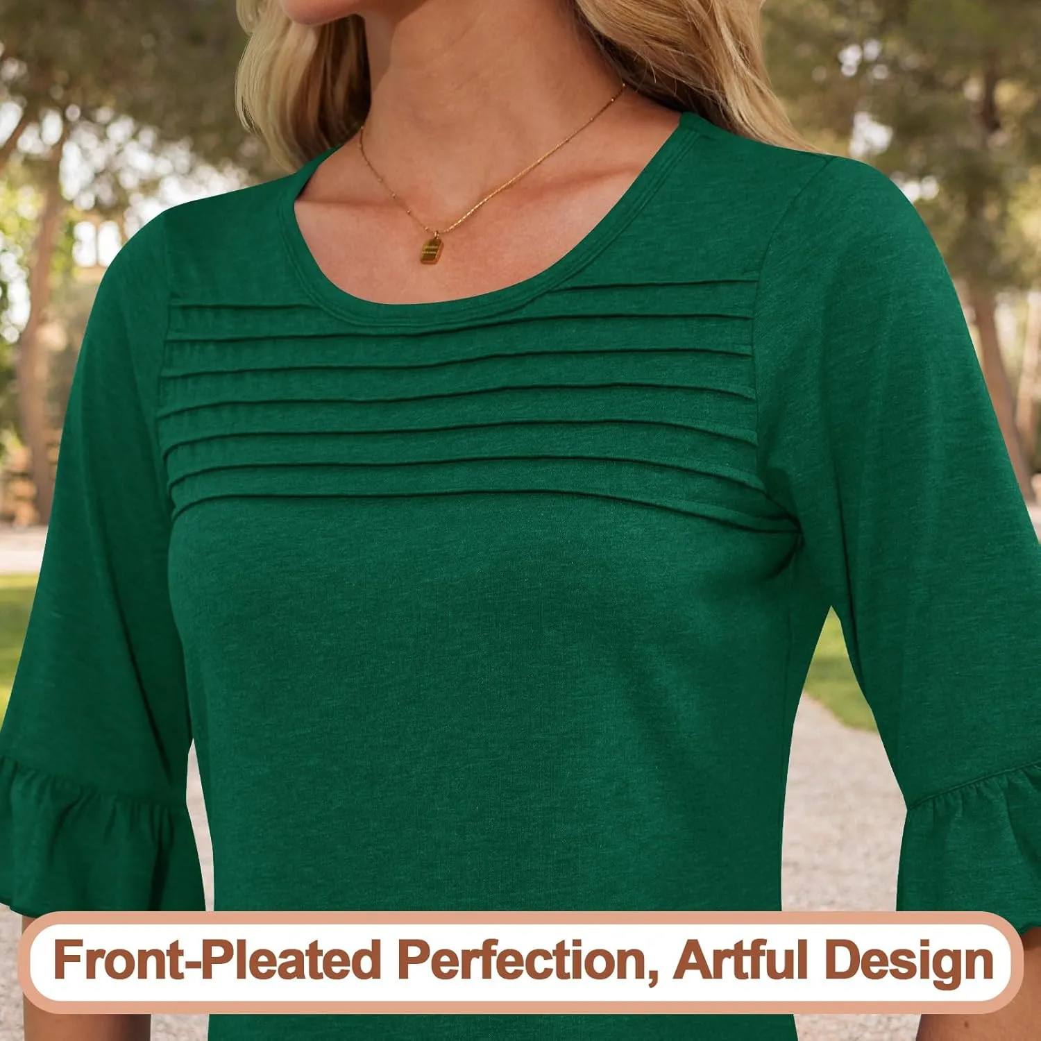 Blingfit 3/4 Length Sleeve Womens Tops Dressy Casual Shirts Ruffle Bell Sleeve Front Pleated Fasion Trendy Summer Blouses