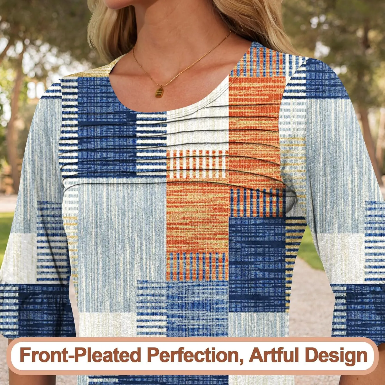 Blingfit 3/4 Length Sleeve Womens Tops Dressy Casual Shirts Ruffle Bell Sleeve Front Pleated Fasion Trendy Summer Blouses