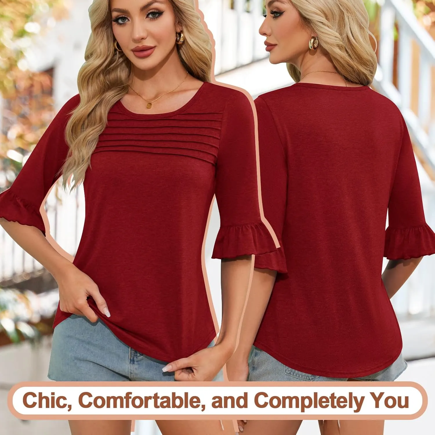 Blingfit 3/4 Length Sleeve Womens Tops Dressy Casual Shirts Ruffle Bell Sleeve Front Pleated Fasion Trendy Summer Blouses