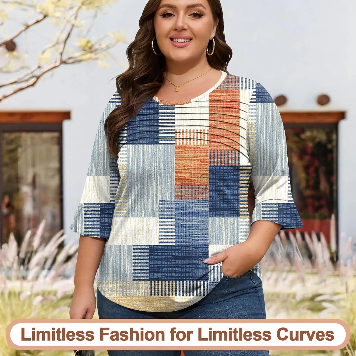 Blingfit 3/4 Length Sleeve Womens Tops Dressy Casual Shirts Ruffle Bell Sleeve Front Pleated Fasion Trendy Summer Blouses