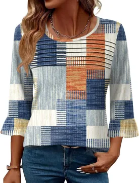 Blingfit 3/4 Length Sleeve Womens Tops Dressy Casual Shirts Ruffle Bell Sleeve Front Pleated Fasion Trendy Summer Blouses