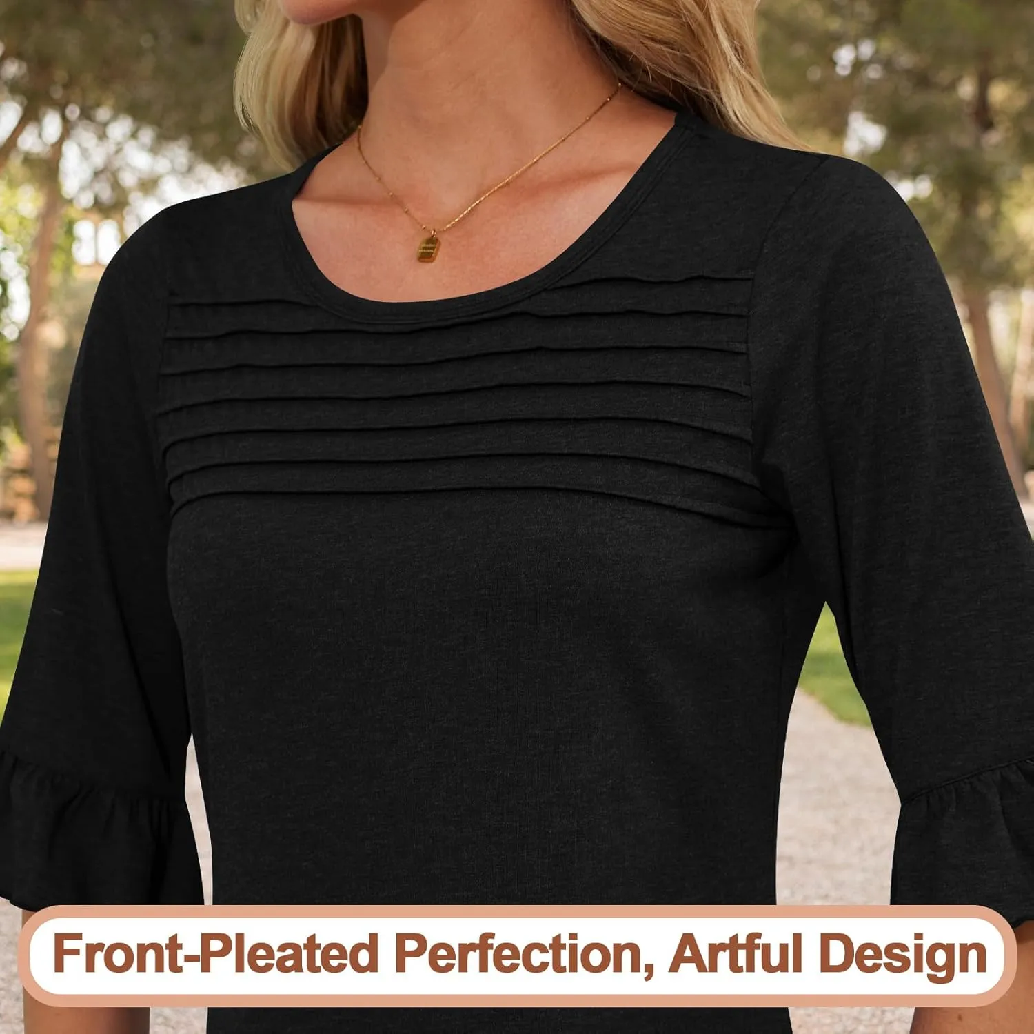 Blingfit 3/4 Length Sleeve Womens Tops Dressy Casual Shirts Ruffle Bell Sleeve Front Pleated Fasion Trendy Summer Blouses