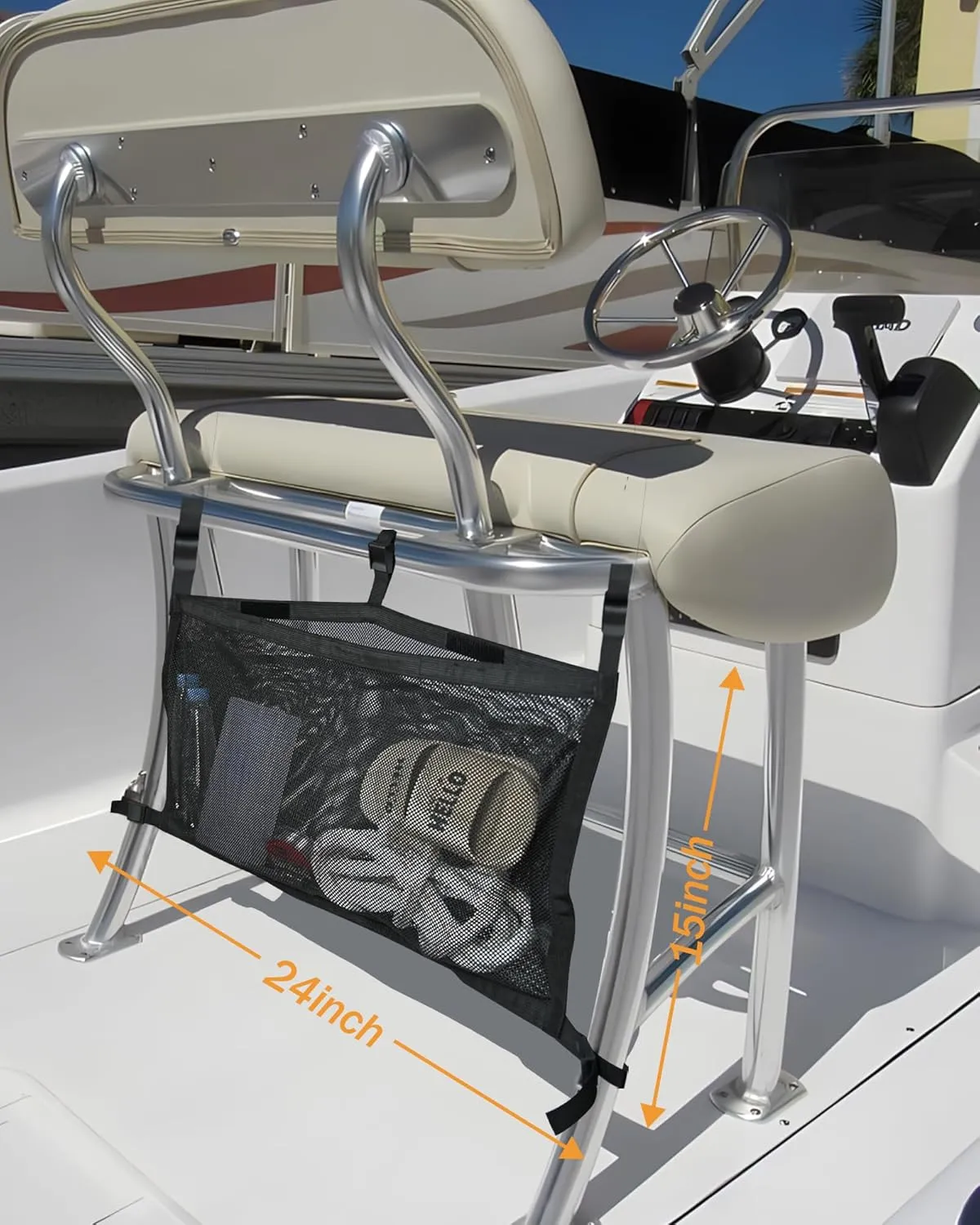 Boat Storage Bag with 3 Divisions, Adjustable Organizer, Mesh Tackle & Life Jacket Holder, Suspended Net for Leaning Post (24 INCH)