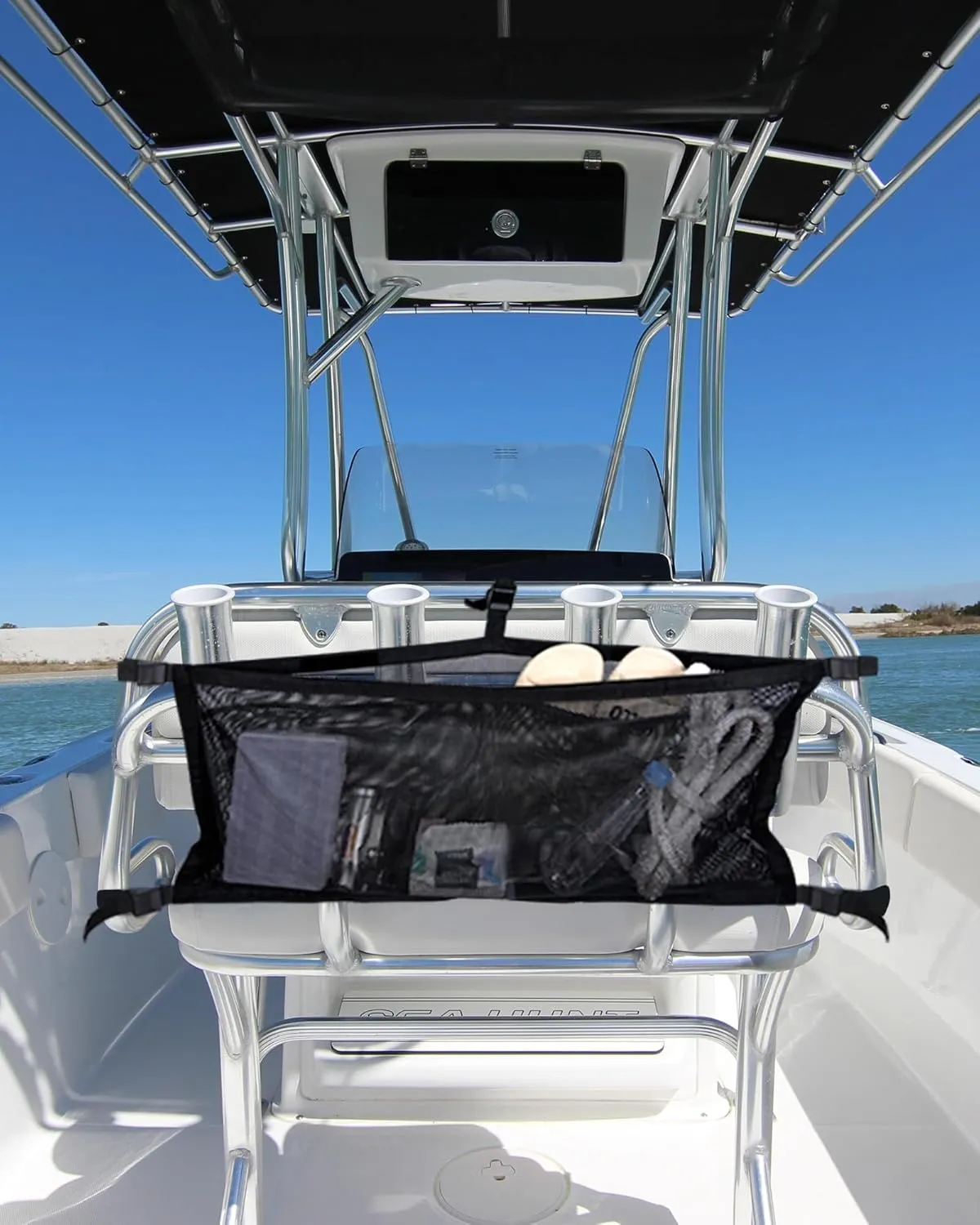 Boat Storage Bag with 3 Divisions, Adjustable Organizer, Mesh Tackle & Life Jacket Holder, Suspended Net for Leaning Post (24 INCH)