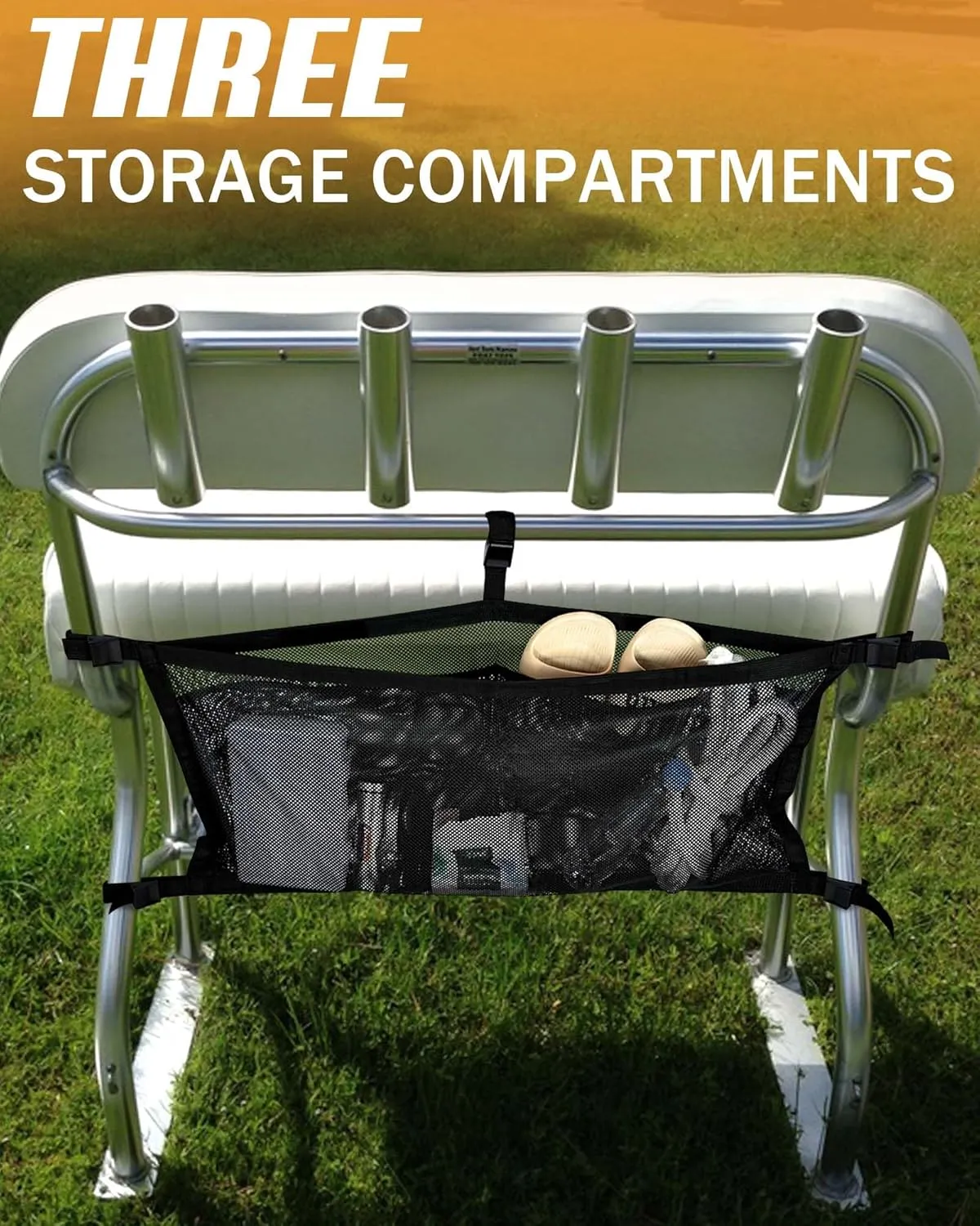 Boat Storage Bag with 3 Divisions, Adjustable Organizer, Mesh Tackle & Life Jacket Holder, Suspended Net for Leaning Post (24 INCH)