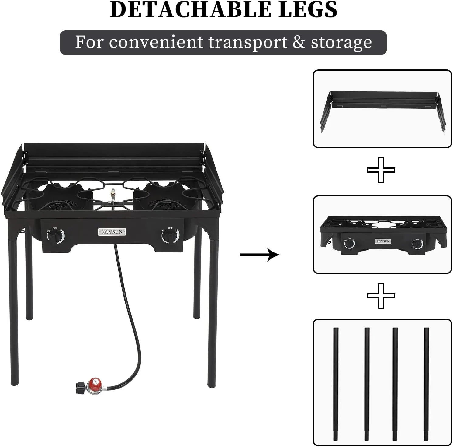 Bonnlo 2-Burner Outdoor Portable Propane Burner Stove 150,000-BTU Gas Cooker with Windscreen & Carrying Bag, Heavy Duty Iron Cast Patio Burner with Detachable Stand Legs for Camp Cooking