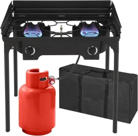 Bonnlo 2-Burner Outdoor Portable Propane Burner Stove 150,000-BTU Gas Cooker with Windscreen & Carrying Bag, Heavy Duty Iron Cast Patio Burner with Detachable Stand Legs for Camp Cooking